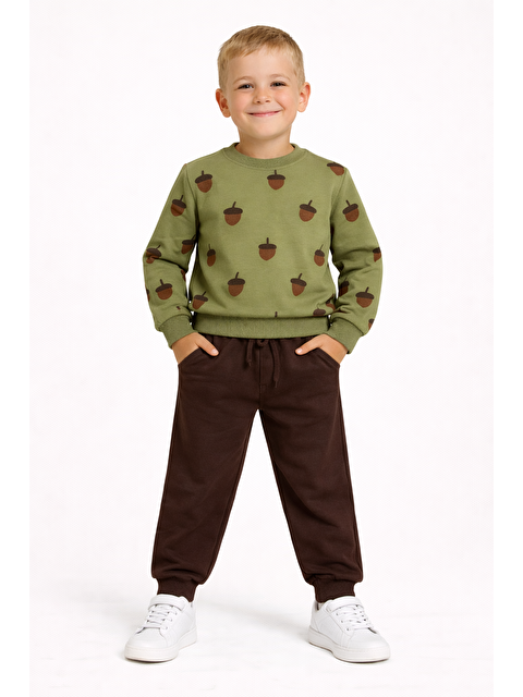 Zepkids Bisiklet Yaka Meşe Palamudu Baskılı Haki - Kahve Renk Erkek Çocuk Eşofman Takımı - S000495302-18547