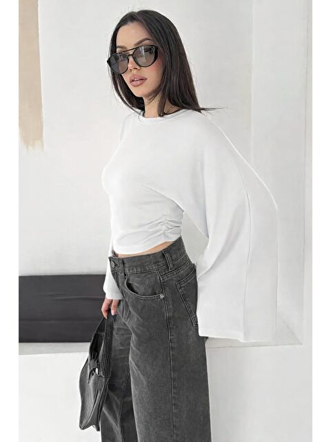 carla10 Geniş Kol Crop Bluz Beyaz - S000530712-20063