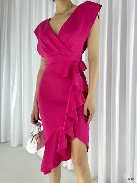 Jane's Scuba Kumaş Önü Fırfırlı Midi Boy Elbise - S000528395-20024