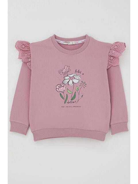 Breeze Kız Çocuk Sweatshirt Omuzları Çiçek Nakış Detaylı Çiçek Baskılı Gülkurusu (2-6 Yaş) - S000465920-20028