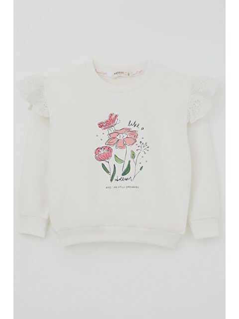 Breeze Kız Çocuk Sweatshirt Omuzları Çiçek Nakış Detaylı Çiçek Baskılı Ekru (2-6 Yaş) - S000465920-19965