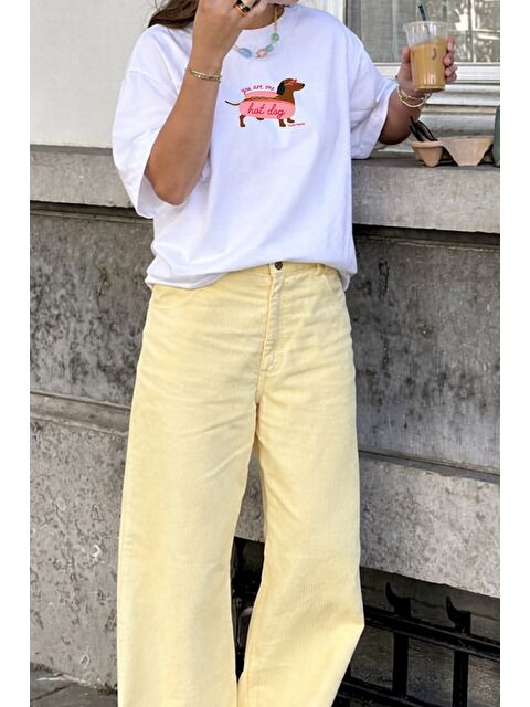 Monila Kadın Premium Kumaş Köpek Baskılı Pamuklu Oversize T-Shirt - S000530714-19965