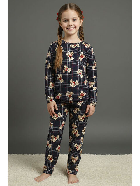 Tofisa Kız Çocuk Lacivert Baskılı Süet Pijama Takımı - 28128-LACIVERT - S000495305-21164