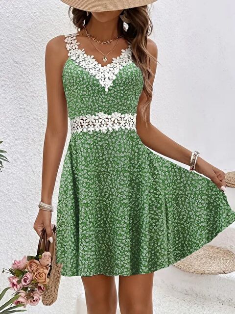 Jane's Kadın Askılı Dantel Yakalı çiçek Desenli Süprem Elbise - S000528396-18194