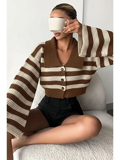 Gülseli Kadın Ön Düğmeli Renk Şeritli İspanyol Kol Örme Triko Hırka - S000445948-19413