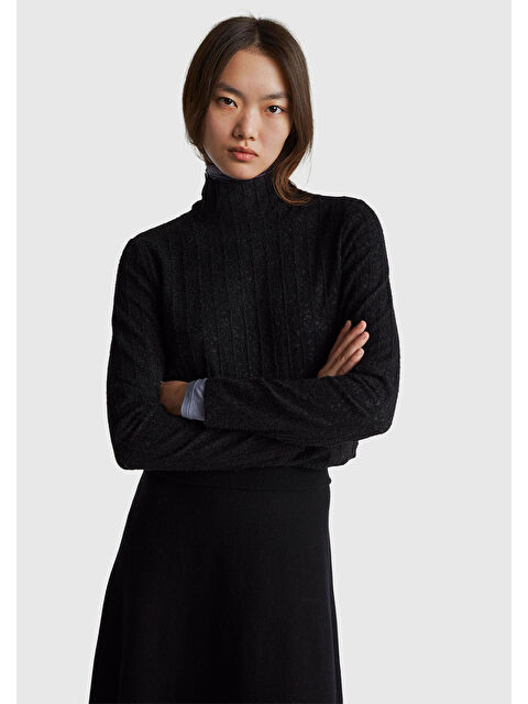 United Colors Of Benetton Kadın Siyah Desenli Dik Yaka Bluz - S000481974-19351