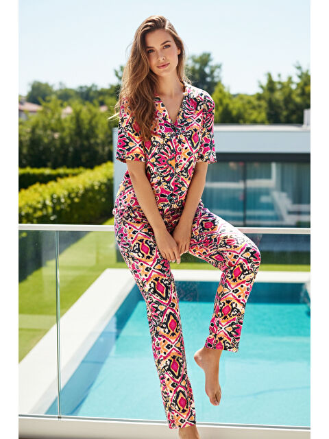 Remsa Kadın Desenli Kısa Kol Elastanlı Viskon Pijama Takımı 0304 Ekru - S000527487-19965