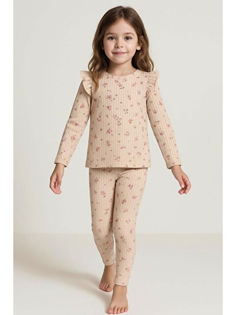 Breeze Kız Çocuk Taytlı Takım Çiçek Desenli Omuzu Fırfır Detaylı Pudra (2-4 Yaş) - S000465925-7152