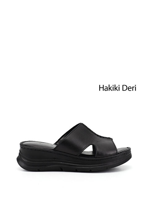 GÖNDERİ(R) Kadın SİYAH Dolgu Taban Hakiki Deri Terlik
