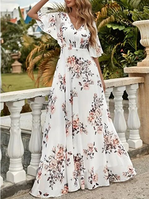 Jane's Kadın Kısa Kollu V Yakalı çiçek Desenli Süprem Elbise - S000528399-20063