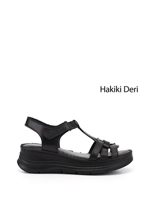 GÖNDERİ(R) Kadın SİYAH Cırt Bantlı Dolgu Topuk Hakiki Deri Sandalet