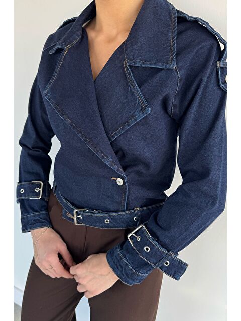 Gülseli Kadın Kruvaze Yaka Kemer Detaylı Jean Jean Ceket - S000482874-21164