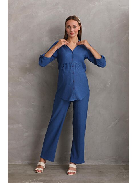 MİSS DÜNYA LİSSA Saks Mavi Önden Düğmeli V yaka Hamile ve Lohusa Alt Üst Takım - S000530715-23710