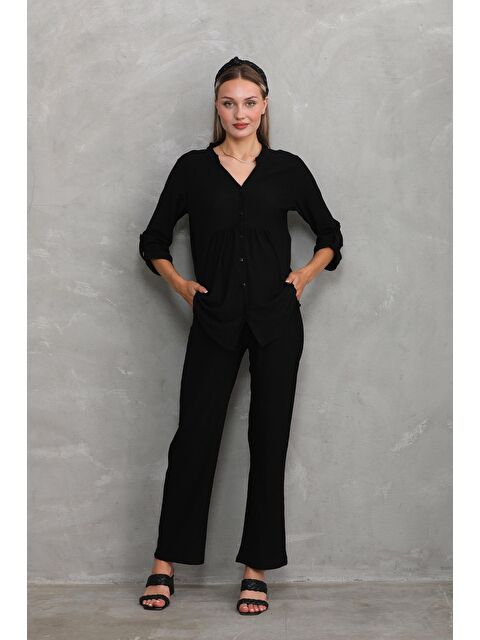 MİSS DÜNYA LİSSA Siyah Önden Düğmeli V yaka Hamile ve Lohusa Alt Üst Takım - S000530715-19351