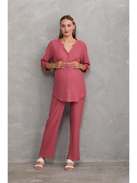 MİSS DÜNYA LİSSA Gül Kurusu Önden Düğmeli V yaka Hamile ve Lohusa Alt Üst Takım - S000530715-20028