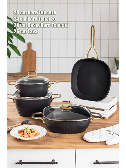 Lines Defne 7 Parça Altın Metal Kulplu Indüksiyon Taban Kare Granit Tencere Seti- Siyah - S000334139-19351