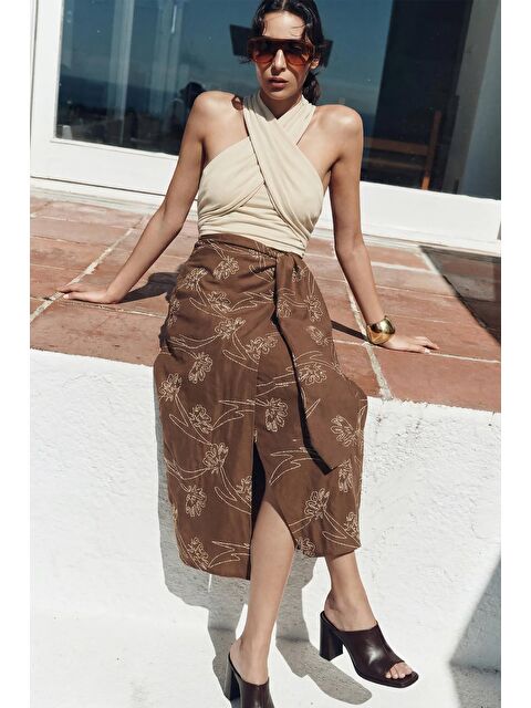 SATEEN Nakış Detaylı Uzun Etek - Kahve