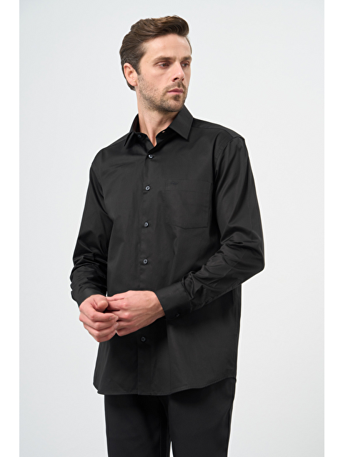 İMZA Siyah Sert Yaka Cepli Comfort Fit Classic Pamuklu Gömlek 1004255323 - S000527013-19351