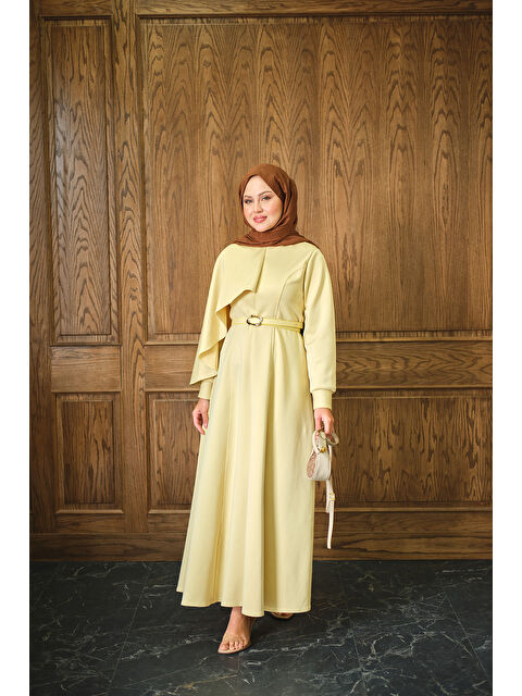 Locco Moda Kadın Omuzdan Şallı Scuba Elbise Sarı - S000444448-20072