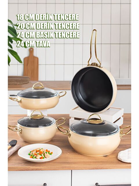 Lines L-5094-1 Yonca Güveç 7 Parça Tencere Seti - Krem Altın Kulp - S000334141-19966