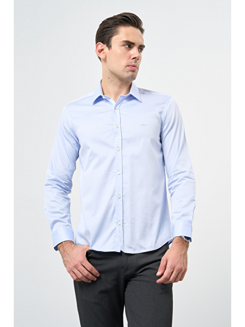 İMZA Mavi Sert Yaka Cepsiz Slim Fit Classic Pamuklu Gömlek 1004255324 - S000527012-19393