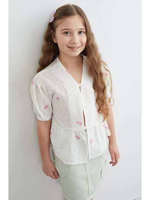 Fullamoda %100 Pamuk Çiçek Nakışlı Balon Kol Kız Çocuk Gömlek - S000520399-20024