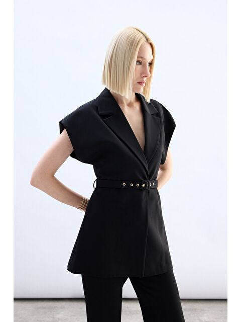 SATEEN Kemerli Uzun Yelek - Siyah - S000497842-19351