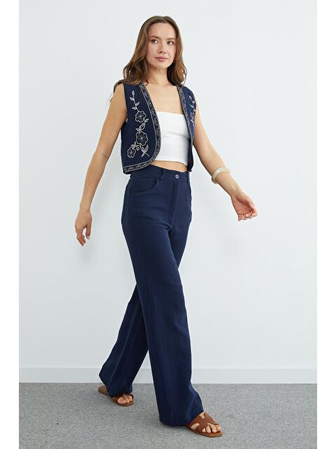 Fullamoda Yüksek Bel Fermuarlı Müslin Kumaş Pantolon - S000527494-21164