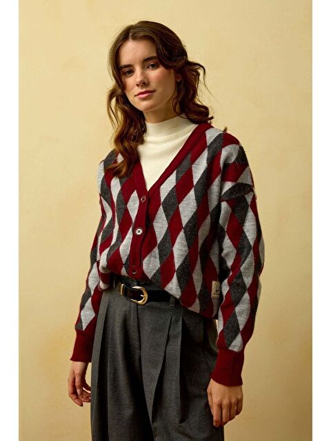 Ceylan Otantik Bordo Baklava Desenli Triko Hırka - S000486266-19951