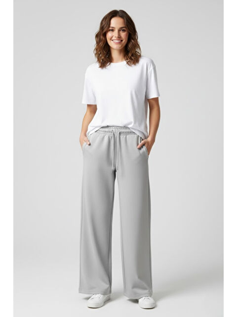 Süperlife Kadın Yumuşak Hafif Nefes Alabilen Kumaş Geniş Paça Pantolon – Rahat Kalıp – Yüksek Bel – Grey - S000482444-20600