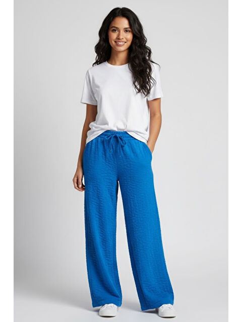 Süperlife Kadın Bürümcük Kumaş Geniş Paça Pantolon – Rahat Kalıp – Mavi - S000482445-23710