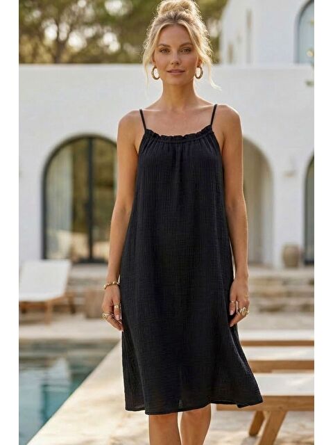 Chiccy Siyah Askılı Gizli Cepli Ayarlanabilir Askılı Casual Müslin Dokuma Elbise 105 55