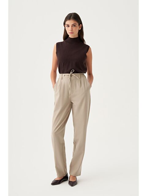 ALLDAY Bej-Beli Lastikli Havuç Kesim Polyviscon Pantolon - S000501614-19928