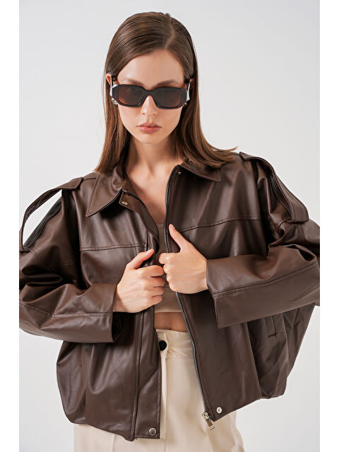 Bigdart Kadın Oversize Deri Ceket 1055 - Kahverengi - S000440206-19413