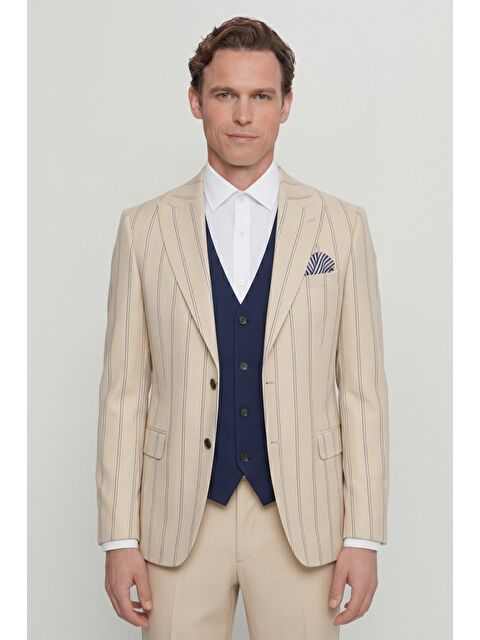 Sabri Özel Bej Suit With Vest Hat Prnt - S000523774-19928