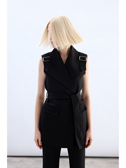 SATEEN Omuz Aksesuarlı Kuşaklı Yelek - Siyah - S000497843-19351