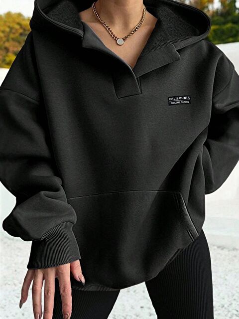 Trendseninle Kadın Siyah California Original Baskılı Yaka Oversize Sweatshirt - S000486267-19351