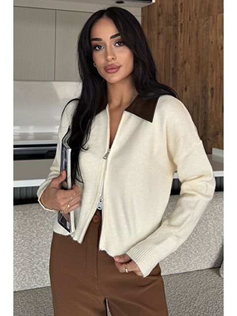 Gülseli Kadın Polo Yaka Deri Garnili Fermuarlı Triko Hırka (s-m-l Beden Uyumludur.) - S000445230-19966