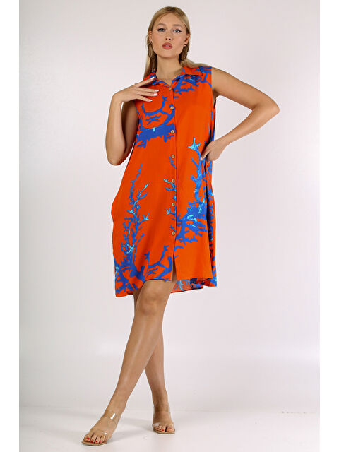 Chiccy İtalyan Turuncu Gömlek Yaka Kolsuz Desenli Düğmeli Cepli Dokuma Elbise