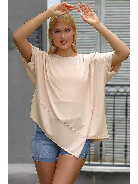 Chiccy Somon Rengi Yuvarlak Yaka Yarasa Kol Örme Asimetrik Bluz - S000358713-24085