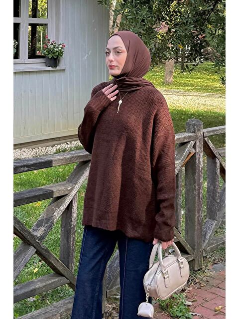 Lamelif İnce Örgülü Kazak Acı Kahverengi - S000517976-28102