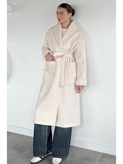 Gülseli Kadın Çift Cepli Bel Kuşaklı Astarlı Çizgi Desenli Kaşe Kaban - S000482882-19965