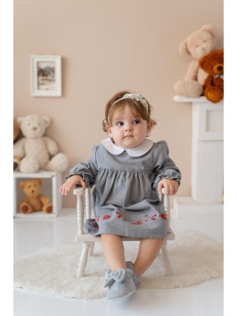 MİNİNİO Kız Bebek Bebe Yaka Nakışlı Dokuma Elbise - Gri