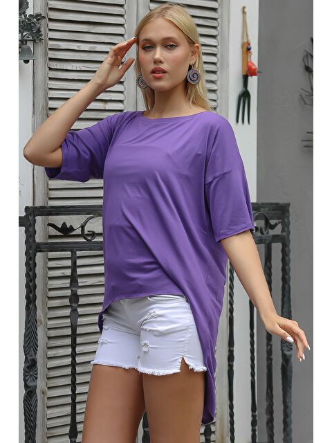 Chiccy Koyu Leylak Kayık Yaka Kısa Kol Örme Oversize T-Shirt