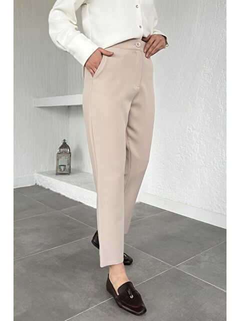 Julude Puane Bel Lastikli Yüksek Bel Tesettür Kumaş Pantolon