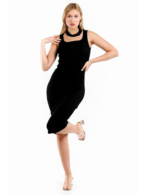 Chiccy Siyah Kare Yaka Kolsuz Örme Elbise