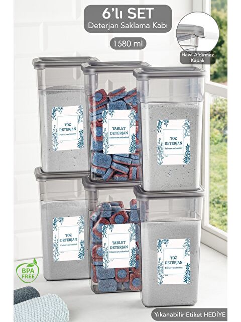 Meleni Home 6 lı Etiketli Deterjan Saklama Kabı Seti   Hava Geçirmez Kapaklı Saklama Kutusu   6 x 1580 ml - S000387370-20600