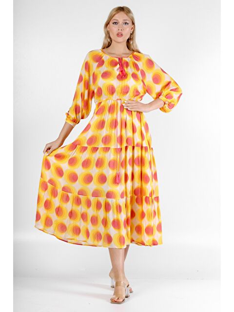 Chiccy İtalyan Şeftali-Turuncu Yuvarlak Yaka 3/4 Kol Desenli Astarlı Şifon Dokuma Elbise