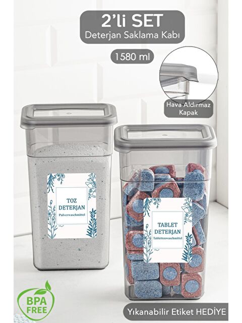 Meleni Home 2 li Etiketli Deterjan Saklama Kabı Seti   Hava Geçirmez Kapaklı Saklama Kutusu   2 x 1580 ml - S000387371-20600