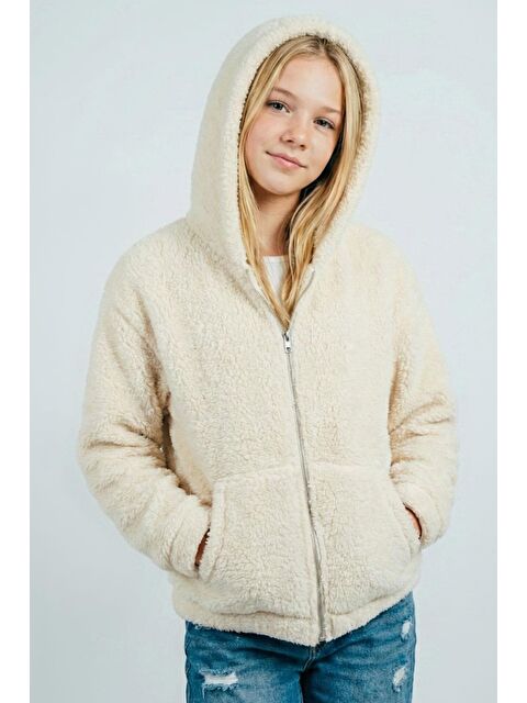 Breeze Kız Çocuk Polar Hırka Kapüşonlu Fermuarlı Cepli Krem (8-14 Yaş) - S000527016-19966